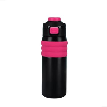 Imagem de Garrafa Térmica Inox 650 ml com Tampa 2 em 1 Canudo de Silicone, Trava Antivazamento, Alça Retrátil, Parede Dupla 304 – Ideal para Academia, Viagem e Trabalho (Preto com Rosa)