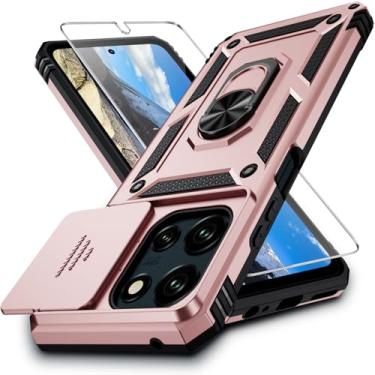 Imagem de Capa para Moto G Power 2025 com capa para lente da câmera, protetor de tela HD, proteção contra quedas de grau militar de 3 m, suporte de anel magnético para celular Motorola Moto G Power 2025, ouro