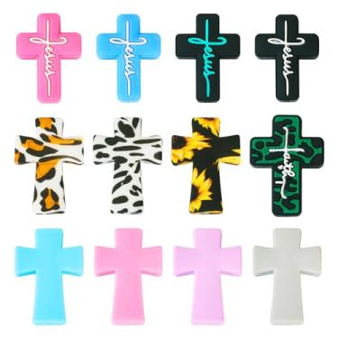 Imagem de SPRITEWELRY 12 peças de contas de silicone cruzadas, contas de silicone focal, cruz de Jesus, contas religiosas, contas espaçadoras de silicone soltas para canetas, chaveiro, pulseira, colar