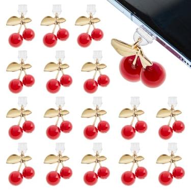 Imagem de SUPERFINDINGS Plugues móveis à prova de poeira com pingente de cereja de 42,2 mm, 16 peças, plugues à prova de poeira para celular com berloque de cereja tipo-C plugues de poeira para celular, tablet