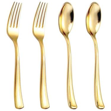Imagem de Conjunto de colheres e garfos de plástico dourado BuCla 600PCS Party S