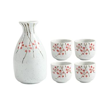 Imagem de JOEUQK Conjunto de 5 peças de saquê, conjunto de copos de saquê de cerâmica retrô tradicional estilo JapanFresh, com 1 pote de saquê e 4 xícaras de saquê, design elegante, melhor presente para copos