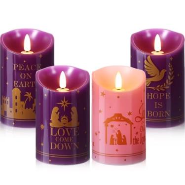 Imagem de Retisee 4 velas LED sem chamas do advento velas de Natal do advento operadas por bateria com palavras e padrões dourados para decoração interna de igreja, guirlanda de mesa de férias, 12 x 7,6 cm