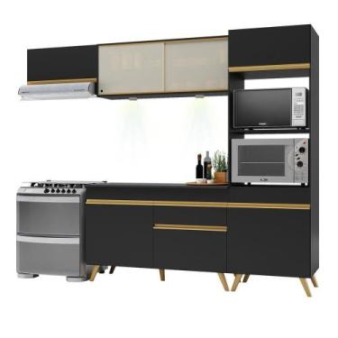 Imagem de Armário De Cozinha 252cm Com Leds Multimóveis Preto/dourado - MULTIMOV