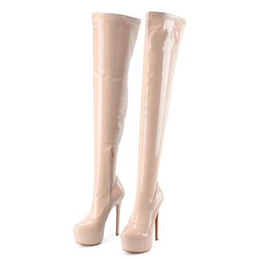 Imagem de Botas femininas até a coxa, acima do joelho, modernas, sexy, plataforma, salto alto, salto alto, patente, bico redondo, zíper, unissex, para festas, cosplay, botas altas, Rosa bebê, 44