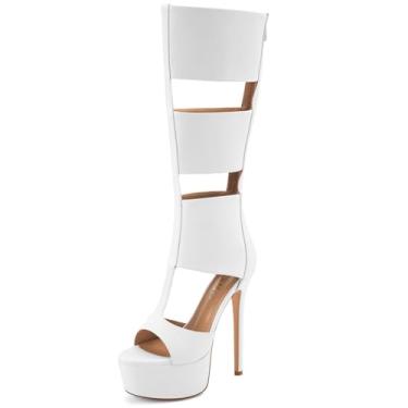 Imagem de Perisis Sandálias gladiadoras plataforma até o joelho para mulheres sexy aberto peep toe salto alto stiletto moda verão vestido festa dança botas com zíper, Poliuretano branco, 36