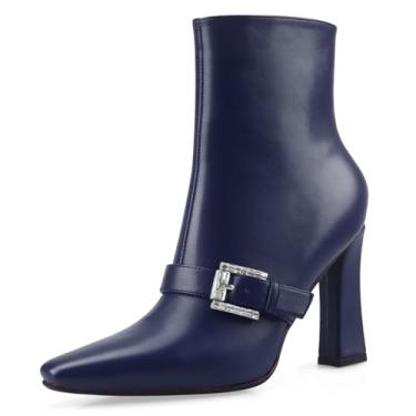 Imagem de Perisis Botas de cano curto, salto alto, grosso, preto, bico quadrado, fechado, curto, com zíper lateral, salto de 10 cm, padrão de crocodilo para mulheres e mulheres sexy, Azul-marinho PU, 38