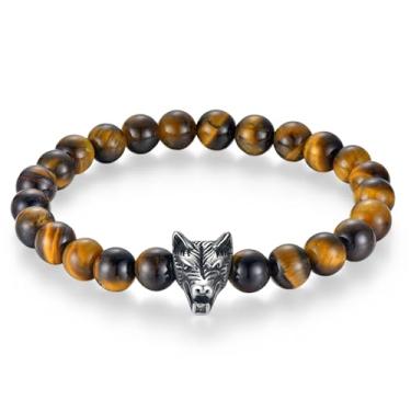Imagem de RGEMCY Pulseira masculina de olho de tigre de 8 mm com detalhes em pedra relâmpago, com pingente de cabeça de lobo de aço inoxidável, pulseira elástica estilo viking, 8.27Inches, Turmalina Olho de