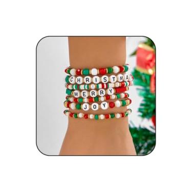 Imagem de WCRAZYE Pulseiras de Natal para mulheres, vermelho, verde, floco de neve, Papai Noel, árvore de Natal, pulseiras festivas com contas, pulseiras empilháveis elásticas da amizade, One Size, Miçangas