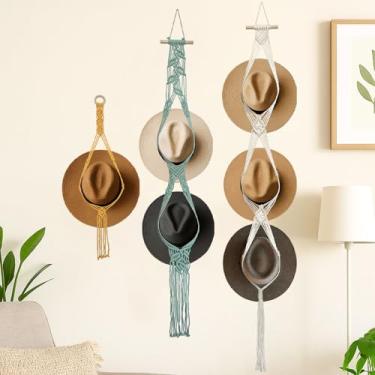 Imagem de Besoamo Cabide boêmio para parede, suporte de chapéu de macramê para exibição de chapéu de parede, organizador de chapéu tecido à mão para chapéu de aba larga, suporte decorativo de chapéu de cowboy