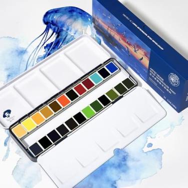 Imagem de Paul Rubens Conjunto de aquarela profissional - 24 cores vibrantes do oceano para pintura de paisagem marítima, tintas de aquarela para viagem de nível artístico em caixa de metal portátil, ideal para