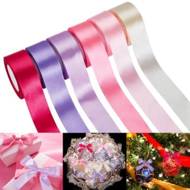 Imagem de HOBBIESAY 6 rolos 6 cores 24 jardas fita de embrulho de presente de cetim dupla face decoração fita de tecido de poliéster sólido para embrulhar buquê de flores, casamento, dia dos namorados, dia das