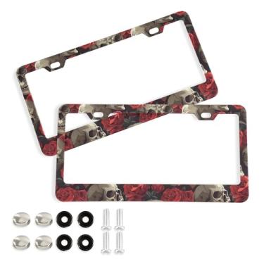 Imagem de SEHANY Molduras de placa de carro vintage rosa crânio, capas de alumínio à prova de ferrugem com furos elípticos e parafusos serve para veículos padrão dos EUA tamanho acessórios de carro para