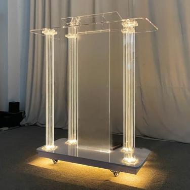 Imagem de Púlpito de igreja com luzes LED, palito de acrílico para discurso, pódio de acrílico transparente com rolos e plataforma de leitura espaçosa, púlpitos transparentes para igrejas