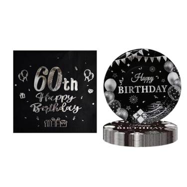 Imagem de Conjunto de guardanapos de pratos de papel para festa de aniversário de 60 anos, decoração de festa de aniversário de 60 anos, lembrancinhas, guardanapos e pratos, para mulheres e homens, serve 20