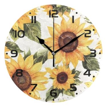 Imagem de JUZIHAI Relógio de parede girassóis silencioso, sem tique-taque, redondo, operado por bateria, fácil de ler, relógio decorativo de parede para casa, cozinha, sala de estar, quarto, escritório, 25 cm