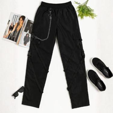 Imagem de Calça Cargo Feminina sem Punho com Fivelas e Fitas Acompanha Corrente 