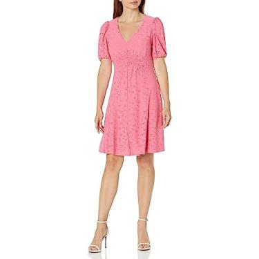 Imagem de London Times Vestido feminino com decote em V e cintura franzida casual férias de verão fácil de usar, Rosa choque, Large Petite