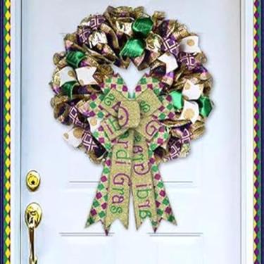 Imagem de Laços grandes de carnaval para grinalda, laço xadrez verde roxo com glitter para porta da frente, decoração de carnaval, decoração de festa de carnaval, decoração de parede interna e externa, enfeite