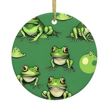 Imagem de Estampa engraçada de sapos verdes de Natal pendurados redondos pendurados, pingentes de porcelana, decoração criativa de Natal