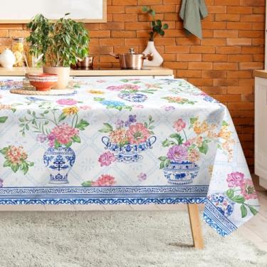 Imagem de Arquiel Toalha de mesa azul floral retangular lavável na máquina, 213 x 152 cm, capa de mesa de poliéster para cozinha, jantar, festa, decoração ao ar livre