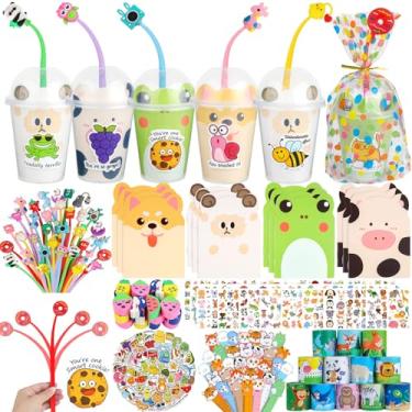 Imagem de Artigos de papelaria lembrancinhas de festa, pacote com 12 sacos de presente de aniversário com copos, canetas coqueteleiras, mini cadernos para sacola de brindes, presentes de sala de aula, prêmios