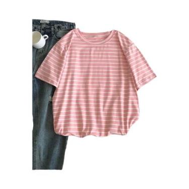 Imagem de Camiseta Feminina Casual De Moda Com Estampa Listrada Punk Harajuku De