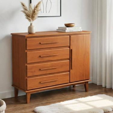 Imagem de Cômoda 4 Gavetas e 1 Porta em Madeira Maciça de Pinus com Corrediças Telescópicas Castanho Claro