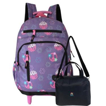 Imagem de Kit Mochila Rodinhas E Lancheira Térmica Feminina Good Vibes - Denlex,
