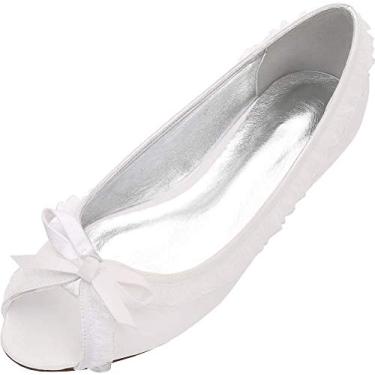 Imagem de Sandálias femininas peep toe laço casamento slip on sapatos para noiva, Marfim, 9.5