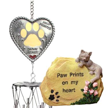 Imagem de BANBERRY DESIGNS Conjunto de presente memorial para gatos – impressões de patas no meu coração Winchimes e pedra de jardim para gatos pequenos –
