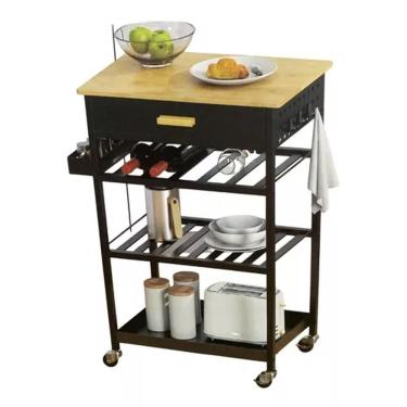 Imagem de Carrinho Auxiliar Organizador Multiuso Aço Bambu 88x64x40cm