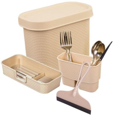 Imagem de Kit para Pia Lixeira 3,3 litros, escorredor de talheres, porta detergente/esponja e rodinho Tear Plasutil