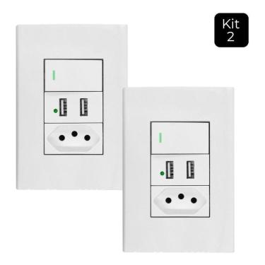 Imagem de Kit 2 Tomada Interruptor Parede 2 Usb Carregador Tm02