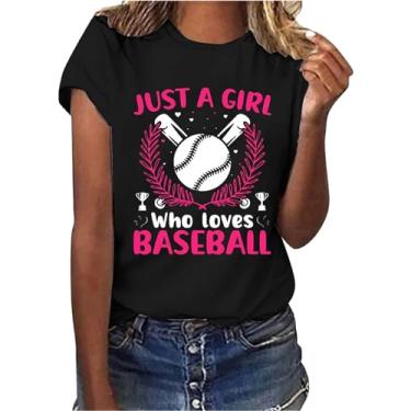 Imagem de Camiseta feminina de beisebol PKDong Just A Girl Who Love Baseball com estampa de letras engraçadas de manga curta, Preto, M