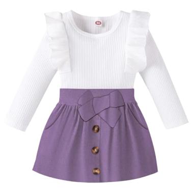 Imagem de AMAWMW Minissaia de veludo cotelê de manga comprida para bebês meninas outono inverno vestido evasê, A branco + roxo, 18-24 Meses