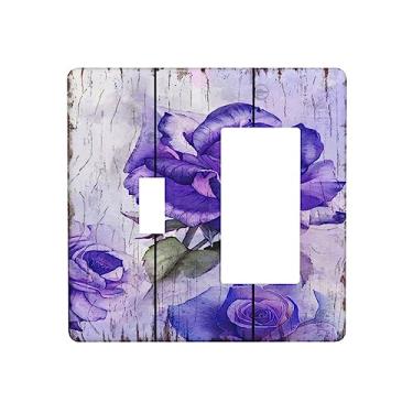 Imagem de Flor Roxa 2 Gang Combin Toggle Rocker Purple Rose Light Switch Cover Modern Floral Decorativo Placa de Parede Vintage Prancha Elétrica GFCI Placa Frontal para Banheiro Quarto Decoração de Casa
