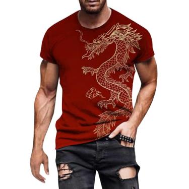 Imagem de Camiseta masculina folgada com bolso de peso médio, estampa de dragão de ano novo, manga curta, gola redonda, leve masculina, Vermelho melancia, G