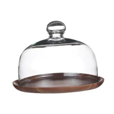 Imagem de Ioensy Suporte de bolo de madeira com cúpula para bolo, bandeja de exibição de frutas, prato de servir, prato redondo para bolo, cozinha, festa festiva, Tampa de 18cm