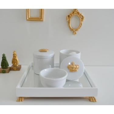 Imagem de Kit Higiene K049 Bandeja MDF Porcelanas Apliques Dourado Quarto Bebê -