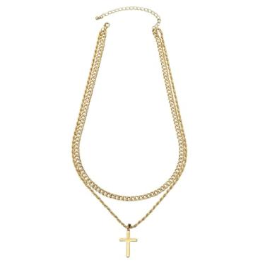 Imagem de OSCCI Colar com pingente de cruz para mulheres, dourado, multicamadas, corrente de corda cubana de 2 camadas, bijuteria, Metal, Sem Pedra Preciosa