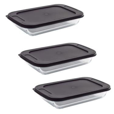 Imagem de Conjunto De Assadeiras De Vidro, 3 Peças, Refratário Retangular De 3 Litros Para Servir Travessa Com Tampa Plástica Resistente Sobremesa E Assados Escritex