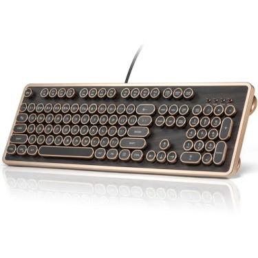 Imagem de GLENCREAG RK104 Teclado mecânico retrô, 104 teclas com fio de tamanho completo com teclas redondas de máquina de escrever, grão de madeira, rolagem N-Key, interruptores lineares verdes, ideal para