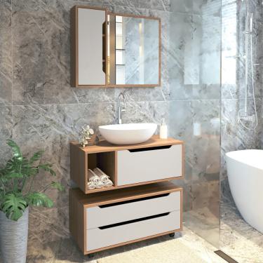 Imagem de Conjunto Banheiro com Gabinete Suspenso 1 Gaveta Espelheira Armário com Rodízio Tecno Mobili - Amendoa/Branco