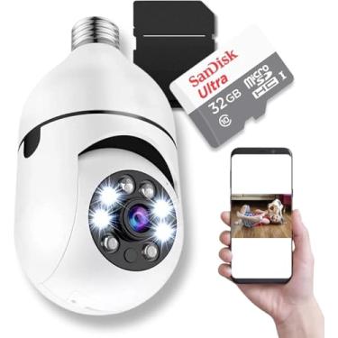 Imagem de Câmera de Segurança Ip 360 Lâmpada Wifi Com Cartão de Memória 32gb, Infravermelho, Panorâmica, Giratória, 1080P, Visão Noturna, Pet, MicroSD