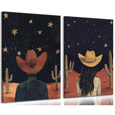 Imagem de 2 peças vintage ocidentais homens e mulheres caubói arte de parede céu estrelado deserto cacto imagem decoração de parede deserto cowboy pôster pinturas para casa quarto banheiro sala de estar