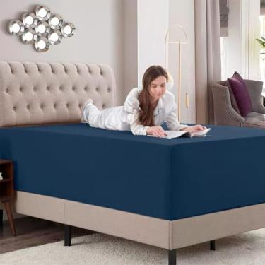 Imagem de Lençol Avulso Com Elástico, em Tecido Percal Flex, Solteiro King Azul Marinho-LE