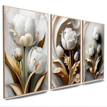 Imagem de Quadros Decorativos Flor Tulipa Dourada e Branca 3 Peças Mosaico Sala Quarto Escritório (02, Tamanho 50x30 Centímetros)