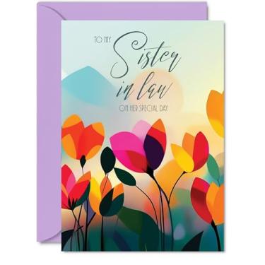 Imagem de Cartão de aniversário Sister in Law - Flores vibrantes de verão - Cartão de feliz aniversário vívido para cunhada do irmão irmão, cartões de felicitações dourados femininos florais A5