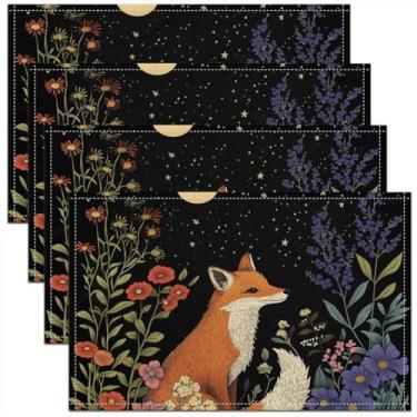 Imagem de meiyoeat Jogo americano raposa conjunto de 45,7 x 30,5 cm para crianças, boêmio, lua, estrela, floral, para meninos, meninas, adolescentes, jogo americano fofo de raposa para cozinha, mesa de jantar